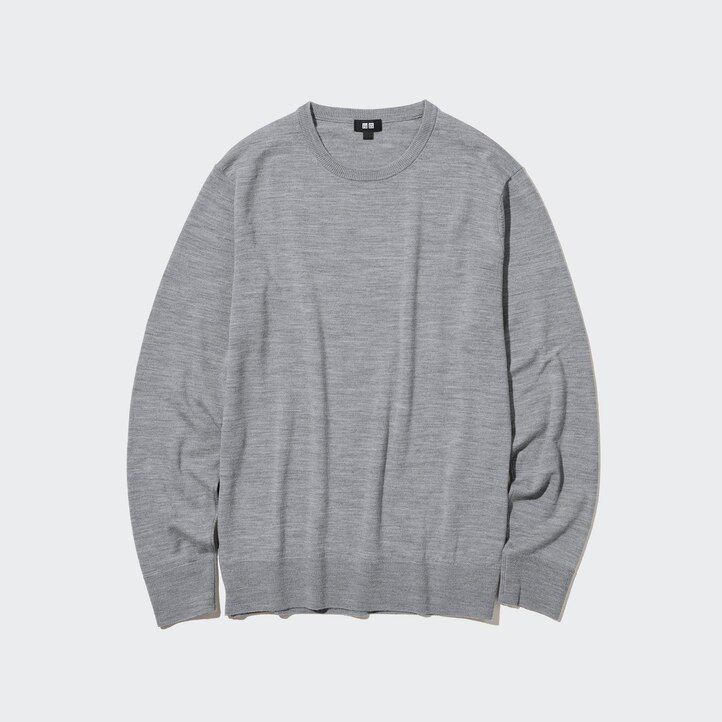 grauer uniqlo herrenpullover aus 100 extrafeiner merinowolle mit rundhalsausschnitt