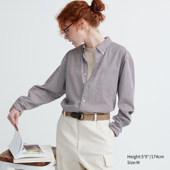orangefarbenes uniqlo herrenhemd aus extrafeinem baumwoll-broadcloth mit streifenmuster normaler passform und button-down-kragen extrafein.
