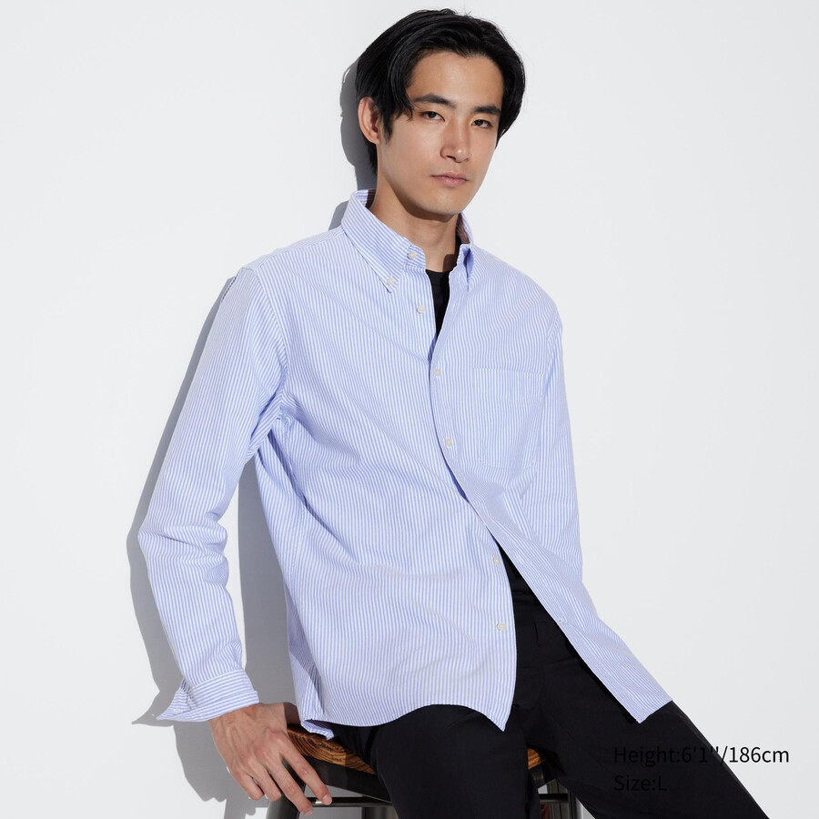 blaue uniqlo herren-oxfordhemden mit schmaler passform streifen und normalem kragen