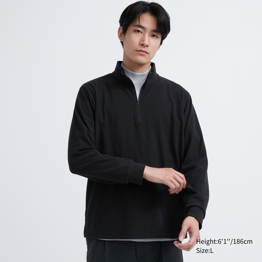 uniqlo fleece stretch herren-t-shirt mit halbem reißverschluss schwarz