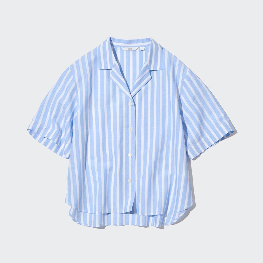 uniqlo damenbluse aus leinenmischgewebe mit streifenmuster offenem kragen und Ärmeln hellblau