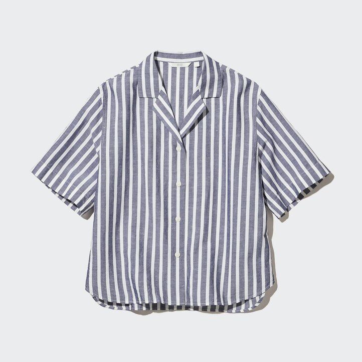 uniqlo damenbluse aus leinenmischgewebe mit streifenmuster offenem kragen und Ärmeln hellblau