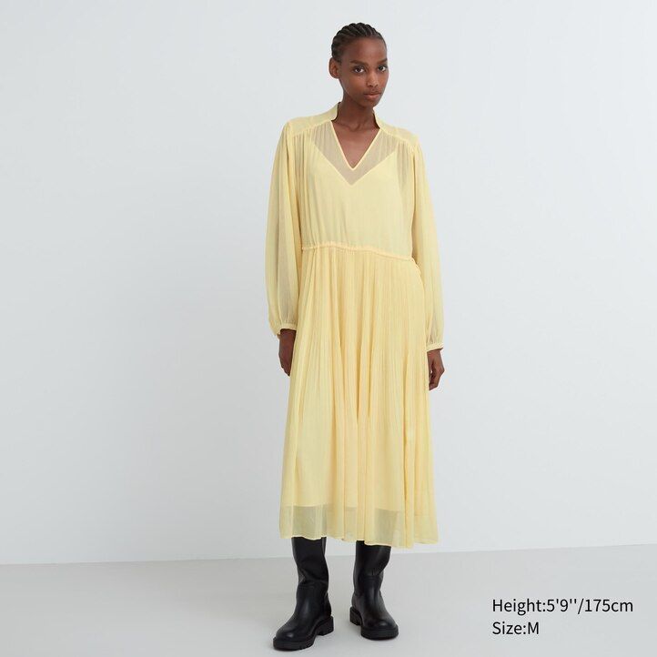 uniqlo damen-chiffonkleid mit faltenärmeln gelb