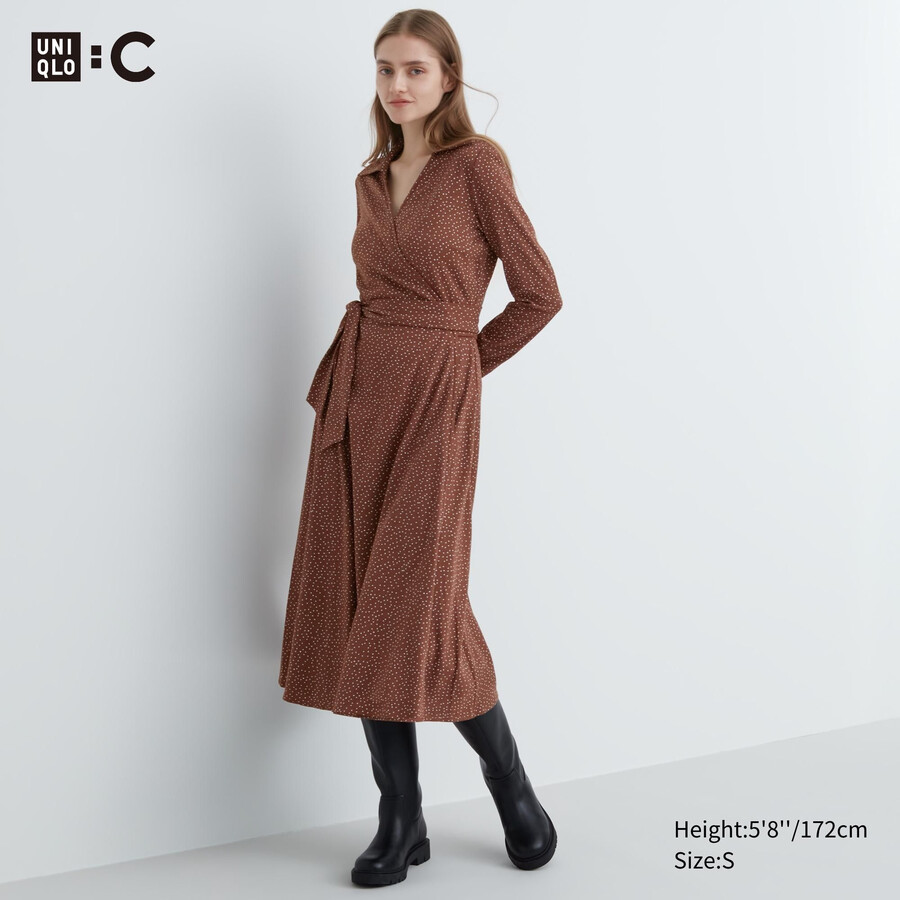 braunes uniqlo wickelkleid mit print und Ärmeln für damen