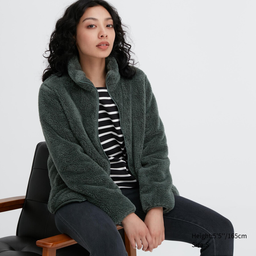 uniqlo damen-fleecejacke mit reißverschluss flauschig dunkelgrün