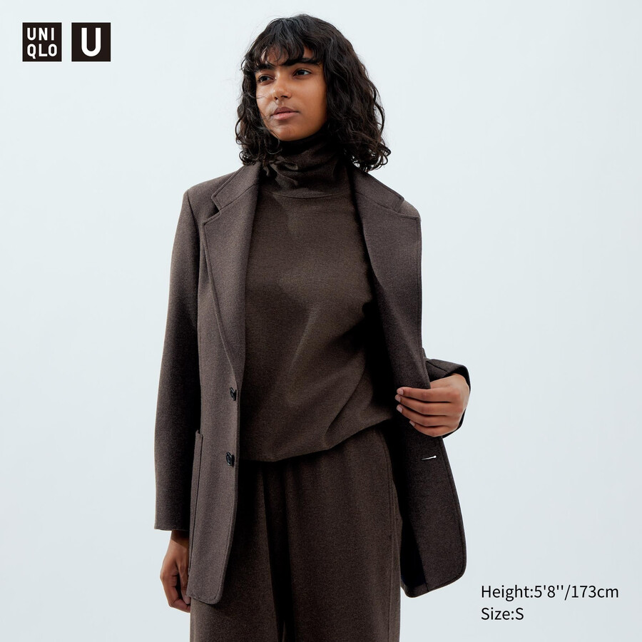 dunkelbraune taillierte jersey-damenjacken von uniqlo
