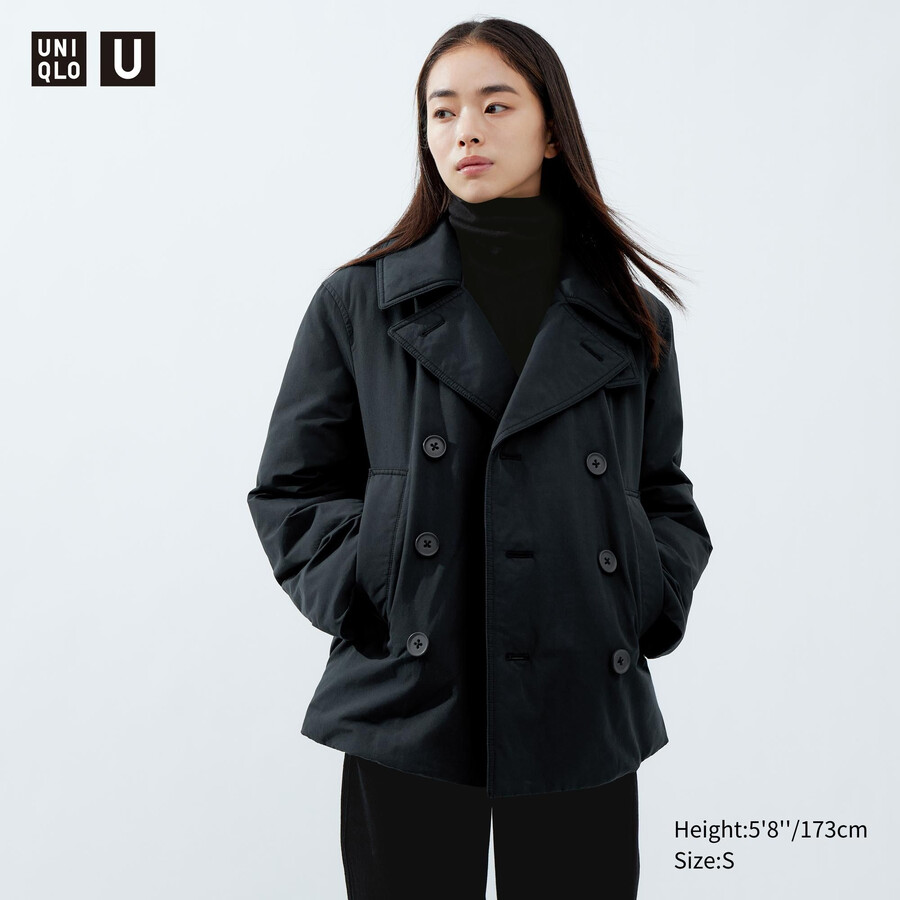 schwarze kurze wattierte pea-jacken von uniqlo für damen