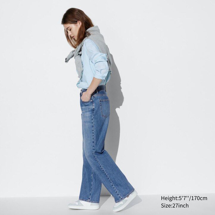 uniqlo damenjeans mit weitem geradem bein grau
