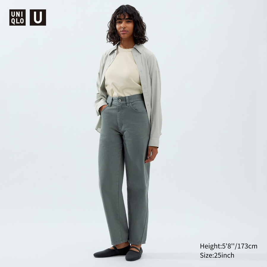 uniqlo damen-jeans mit geschwungenem schnitt in olivgrün