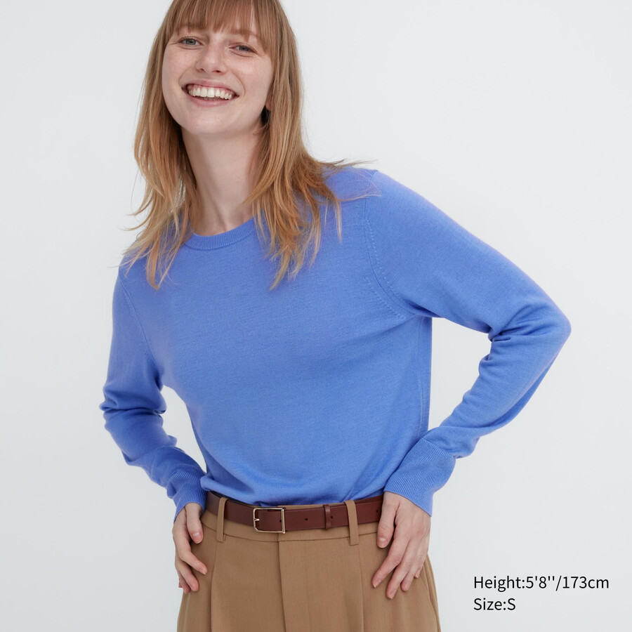 uniqlo damenpullover aus 100 extrafeiner merinowolle mit rundhalsausschnitt blau