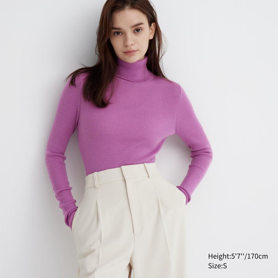 uniqlo damen-ripppullover aus 100 extrafeiner merinowolle lila