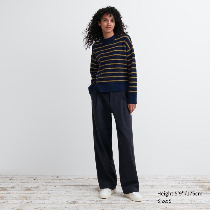 uniqlo damen-pullover aus lammwolle mit streifenmuster marineblau