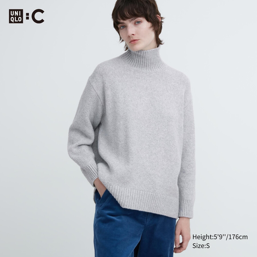 uniqlo damen-pullover mit stehkragen weich gestrickt hellgrau