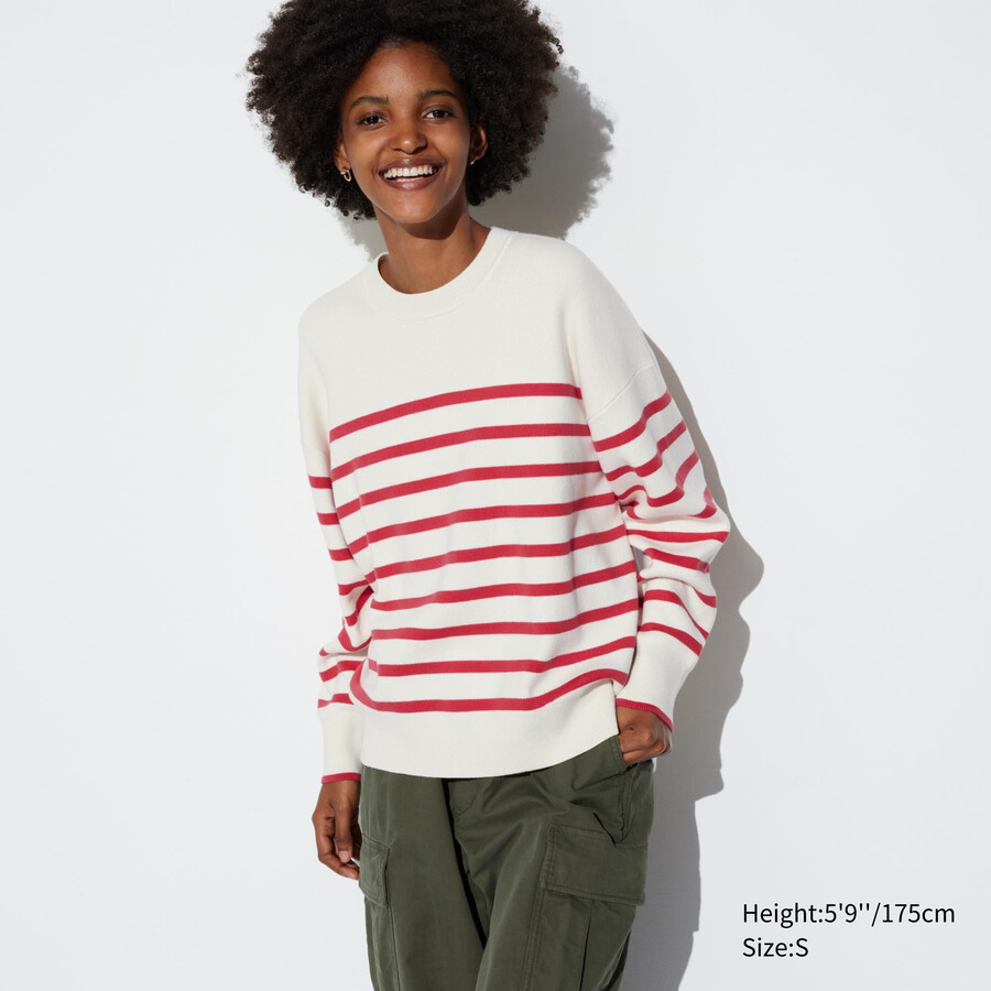 roter uniqlo damenpullover aus glatter baumwolle mit lockerer passform streifenmuster und rundhalsausschnitt