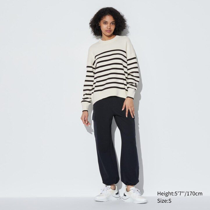 roter uniqlo damenpullover aus glatter baumwolle mit lockerer passform streifenmuster und rundhalsausschnitt