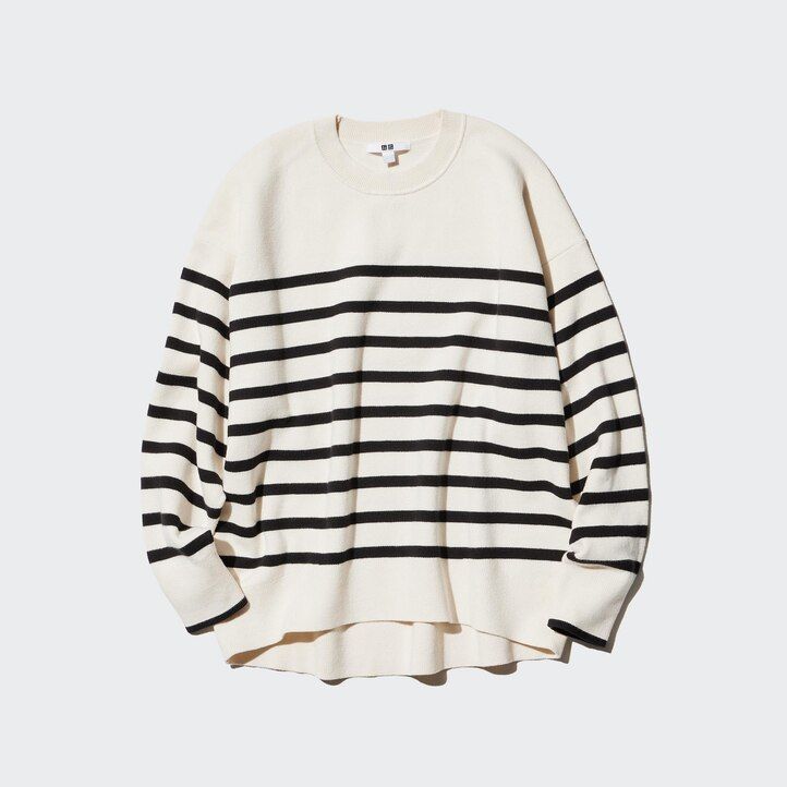 roter uniqlo damenpullover aus glatter baumwolle mit lockerer passform streifenmuster und rundhalsausschnitt