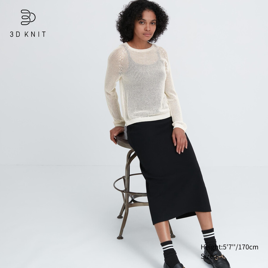 uniqlo damen-pullover mit 3d-strick nahtlosem mesh-material und rundhalsausschnitt weiß
