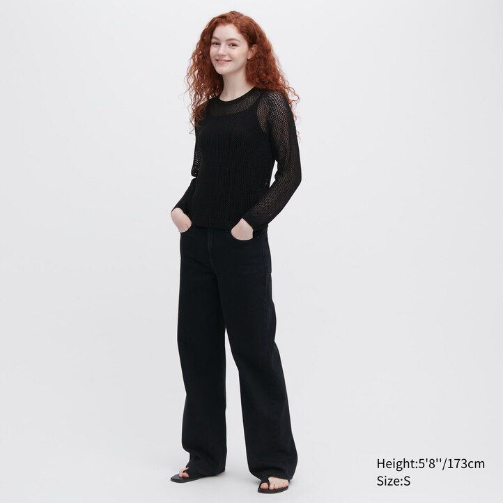 uniqlo damen-pullover mit 3d-strick nahtlosem mesh-material und rundhalsausschnitt weiß
