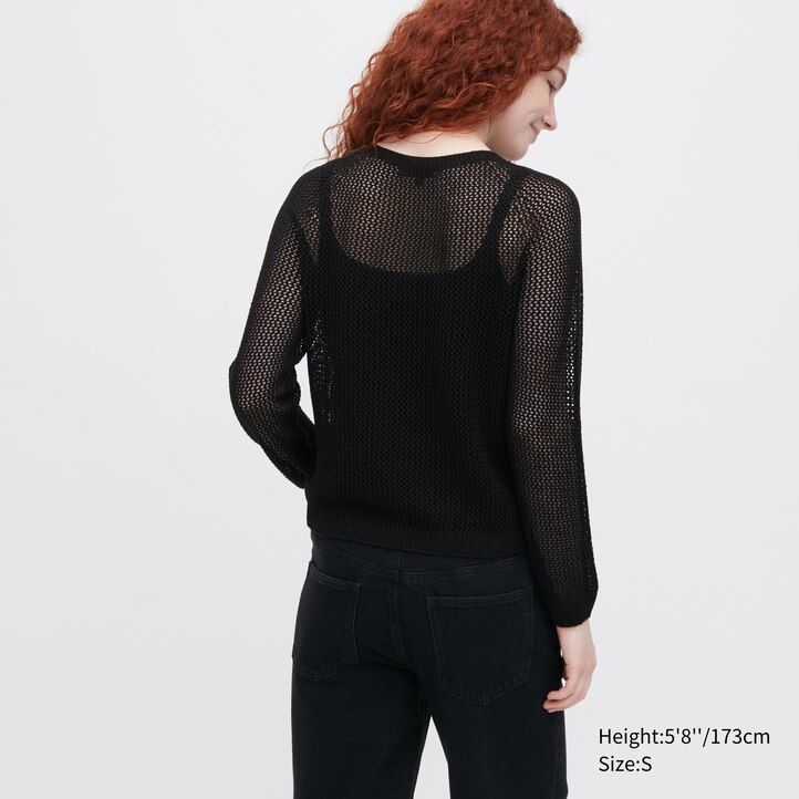 uniqlo damen-pullover mit 3d-strick nahtlosem mesh-material und rundhalsausschnitt weiß