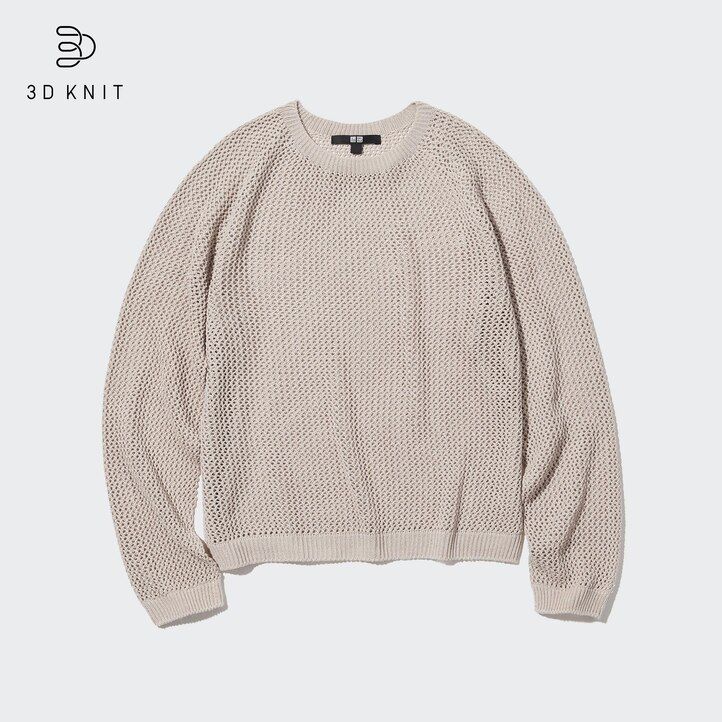 uniqlo damen-pullover mit 3d-strick nahtlosem mesh-material und rundhalsausschnitt weiß