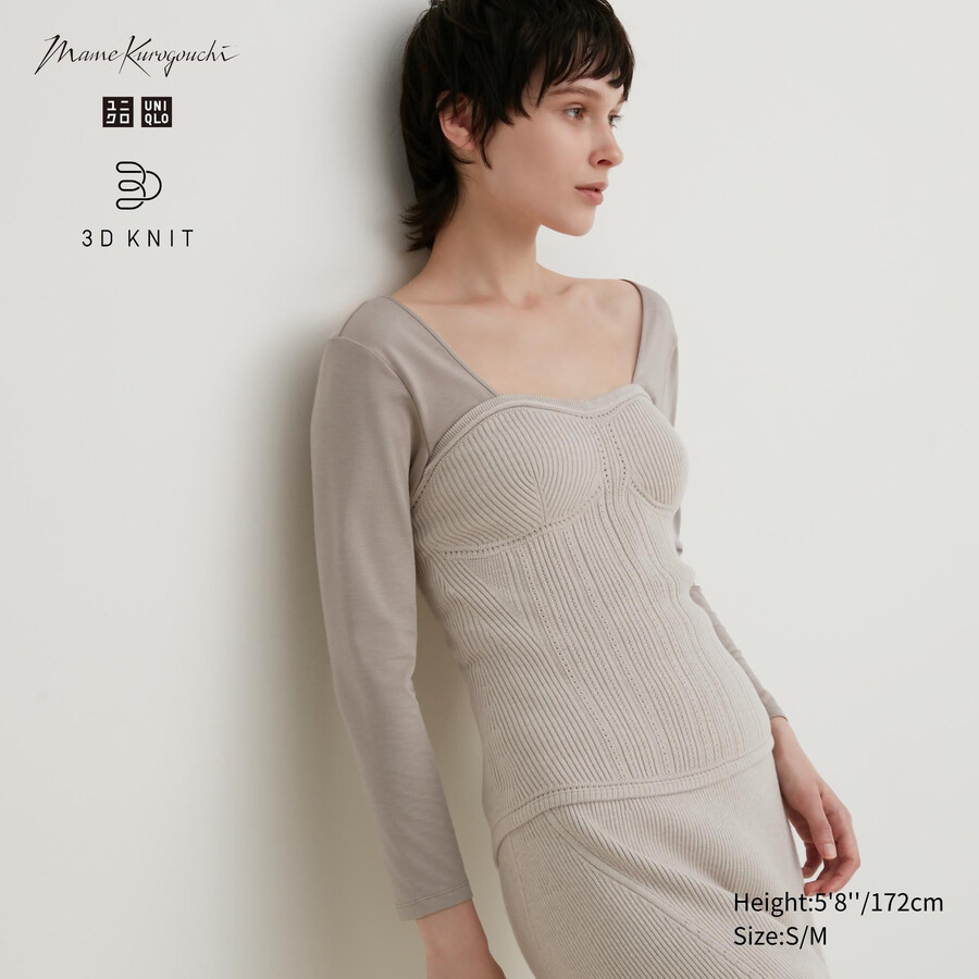 beige uniqlo 3d-strick-nahtlos-soufflé-garn-rippstrick-bustier-damenpullover