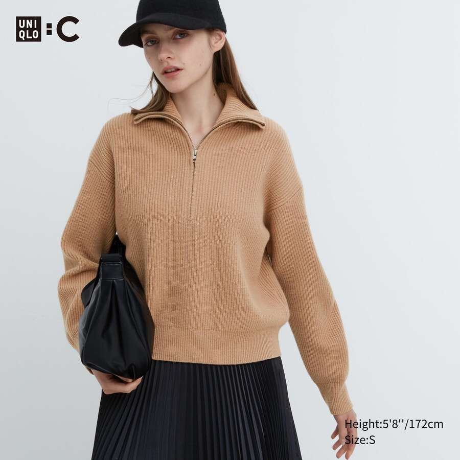 uniqlo damen-pullover aus premium-lammwolle mit halbem reißverschluss beige
