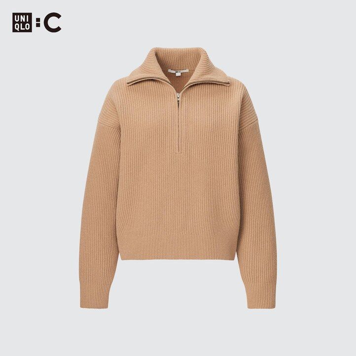 uniqlo damen-pullover aus premium-lammwolle mit halbem reißverschluss beige