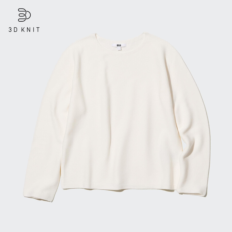 uniqlo damen-pullover mit rundhalsausschnitt nahtlos 3d-strick baumwolle weiß