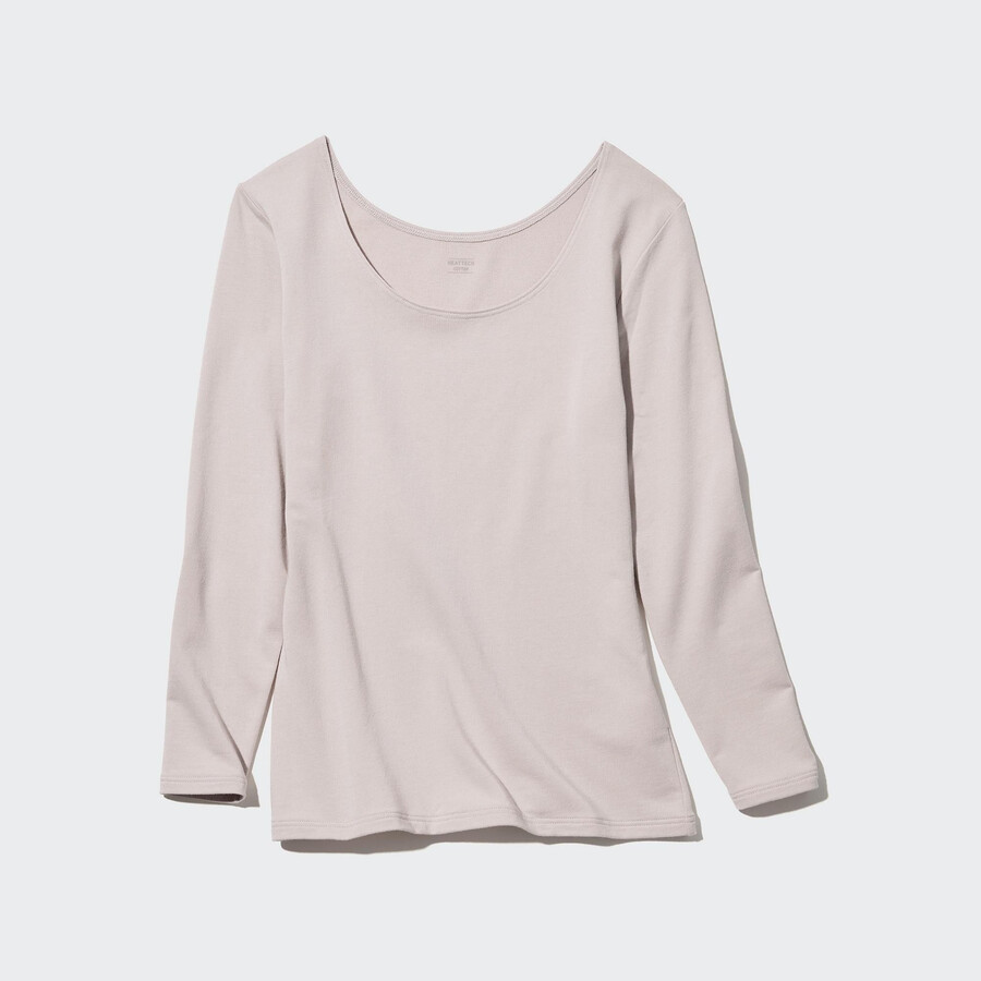 hellgraue uniqlo heattech extra warm baumwoll-thermo-t-shirts mit rundhalsausschnitt und Ärmeln für damen