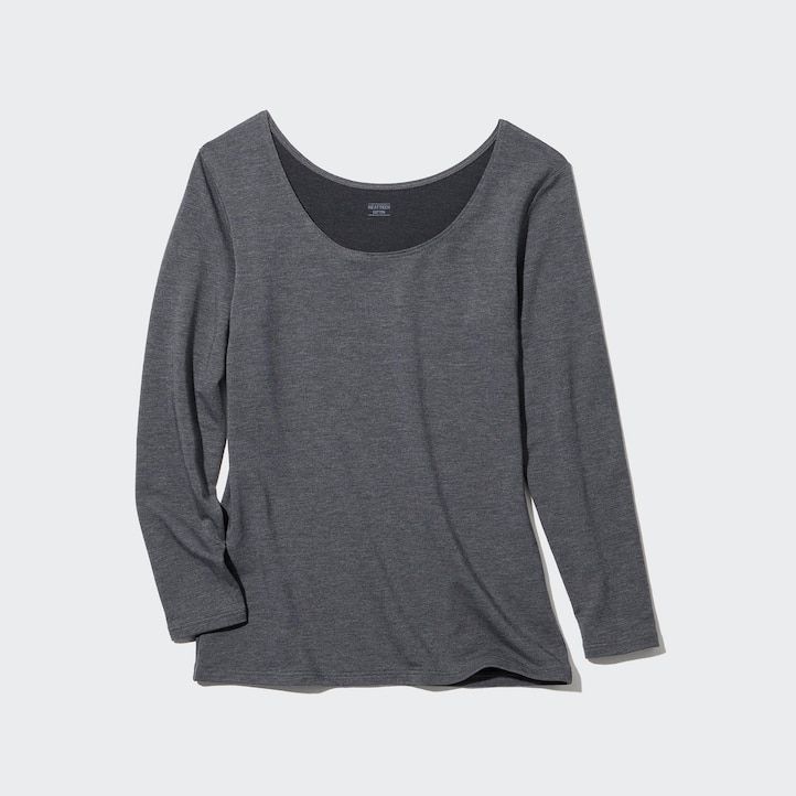 hellgraue uniqlo heattech extra warm baumwoll-thermo-t-shirts mit rundhalsausschnitt und Ärmeln für damen