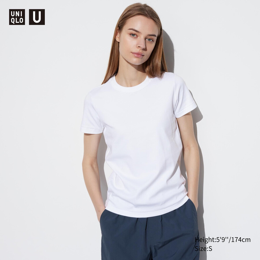 uniqlo damen-t-shirt mit rundhalsausschnitt und Ärmeln weiß