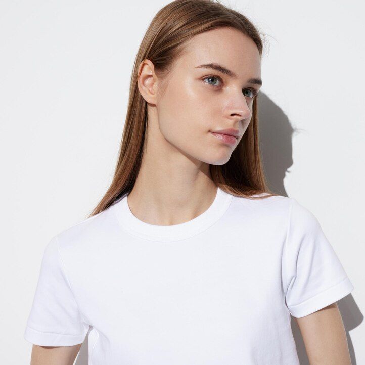 uniqlo damen-t-shirt mit rundhalsausschnitt und Ärmeln weiß