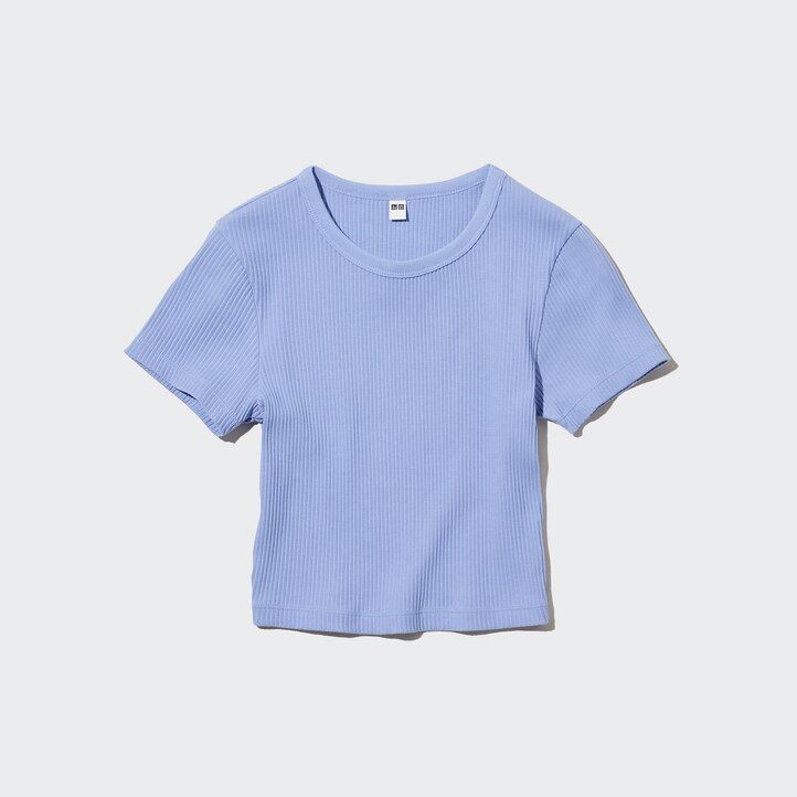 pinkfarbene uniqlo rippstrick-crop-tops mit rundhalsausschnitt für damen