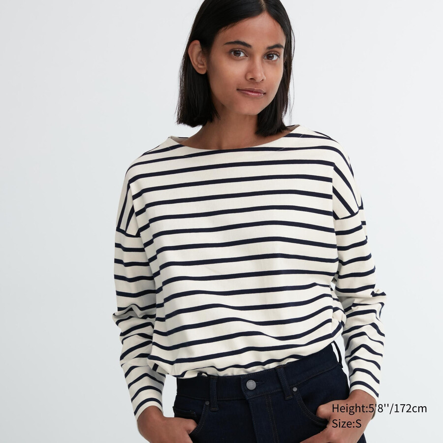 uniqlo damen-t-shirt mit streifen und Ärmeln weiß