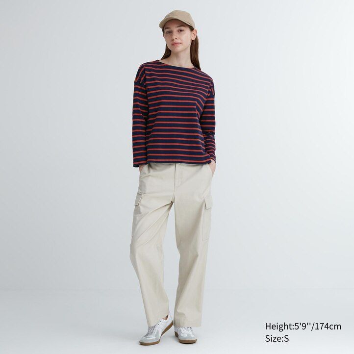 uniqlo damen-t-shirt mit streifen und Ärmeln weiß